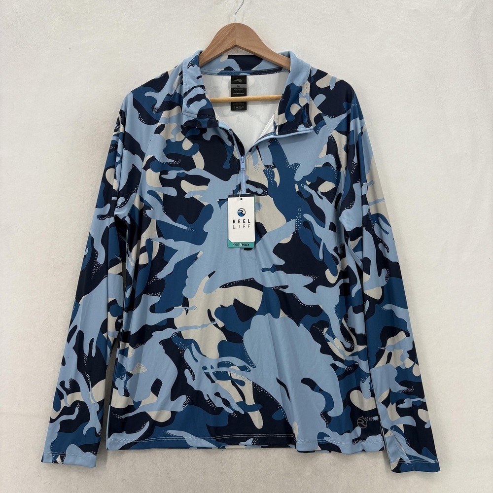 Reel Life HydroMAX Pullover Mens XL Blue Camo Long Sleeve 1/4 Zip Fishing Sun